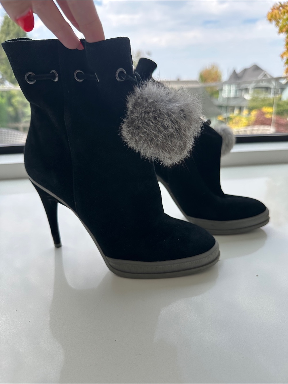 Black Fur Pom-Pom Suede Ankle Boots - Women's - BCBG